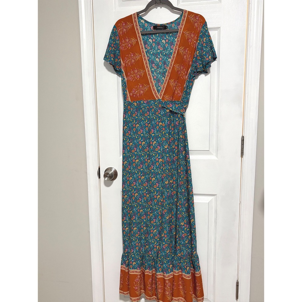 Zesica Teal Orange Floral Wrap Maxi Dress Womens Medium Boho Ruffle Hem Rayon